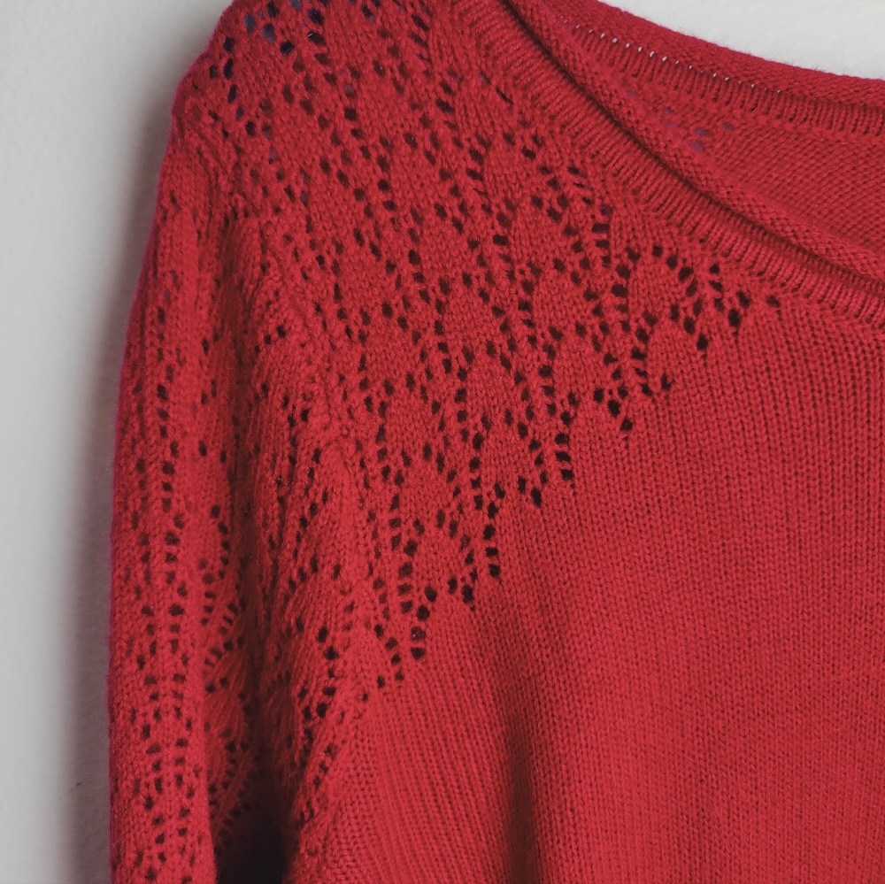 Cato Woman Red Scoop Roll Neck Pullover Sweater Crochet 3/4 Sleeves, 18/20W - Picture 3 of 7